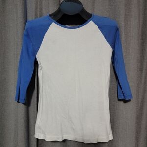 Baseball Three Quarter Sleeve Blue and White Shirt Size Large